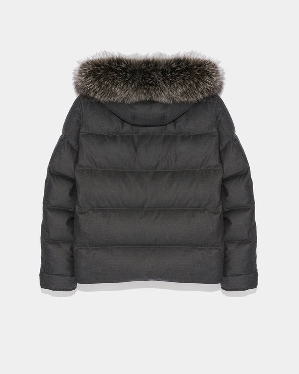 Hooded Down Jacket made with waterproof Loro Piana fabric and fox fur trim