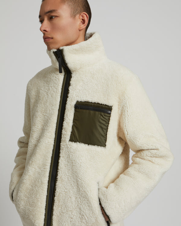 Fleece-style shearling jacket - white/khaki - Yves Salomon