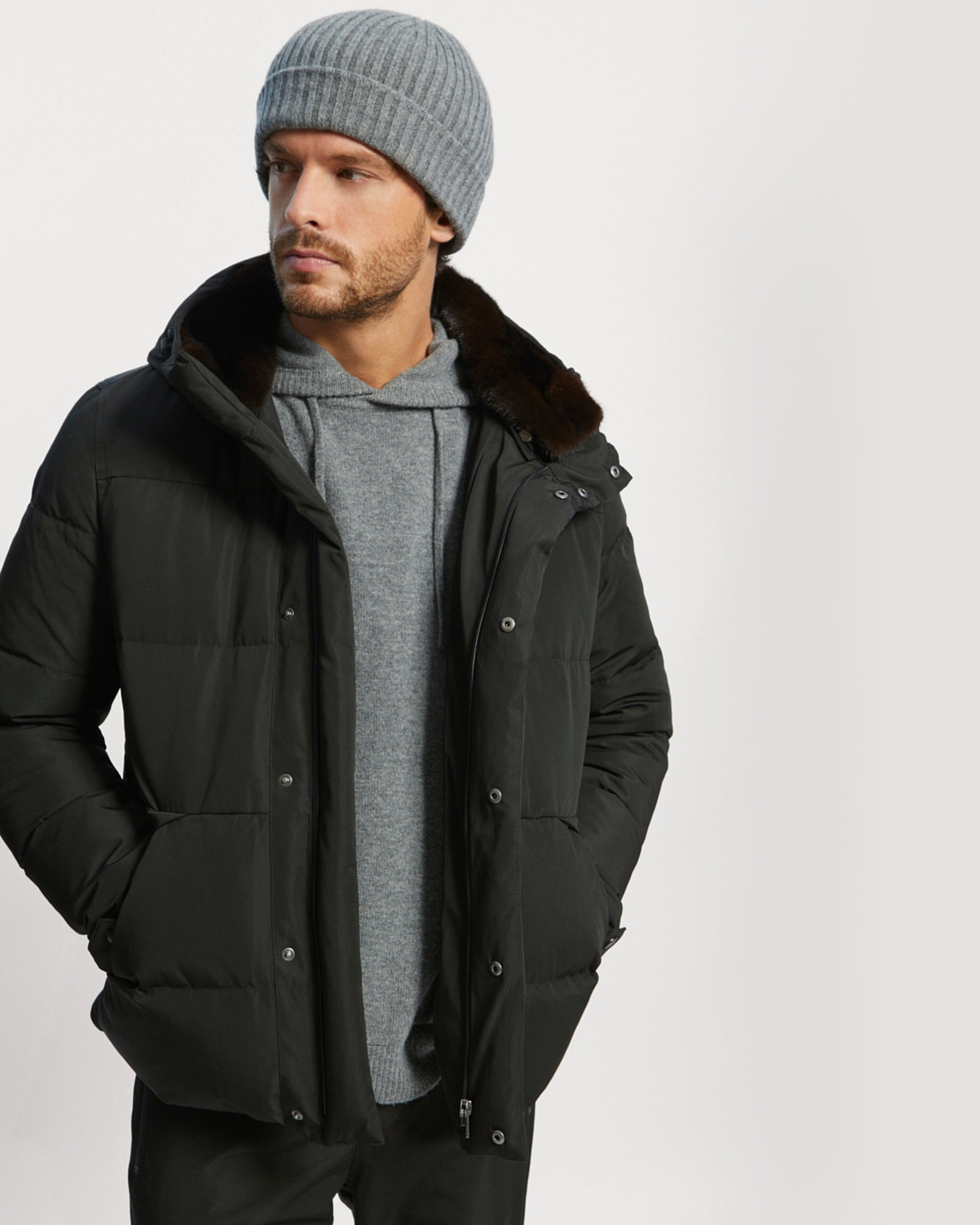 Ski Down Jacket With Mink Fur Trim - Black - YS Mountain Men