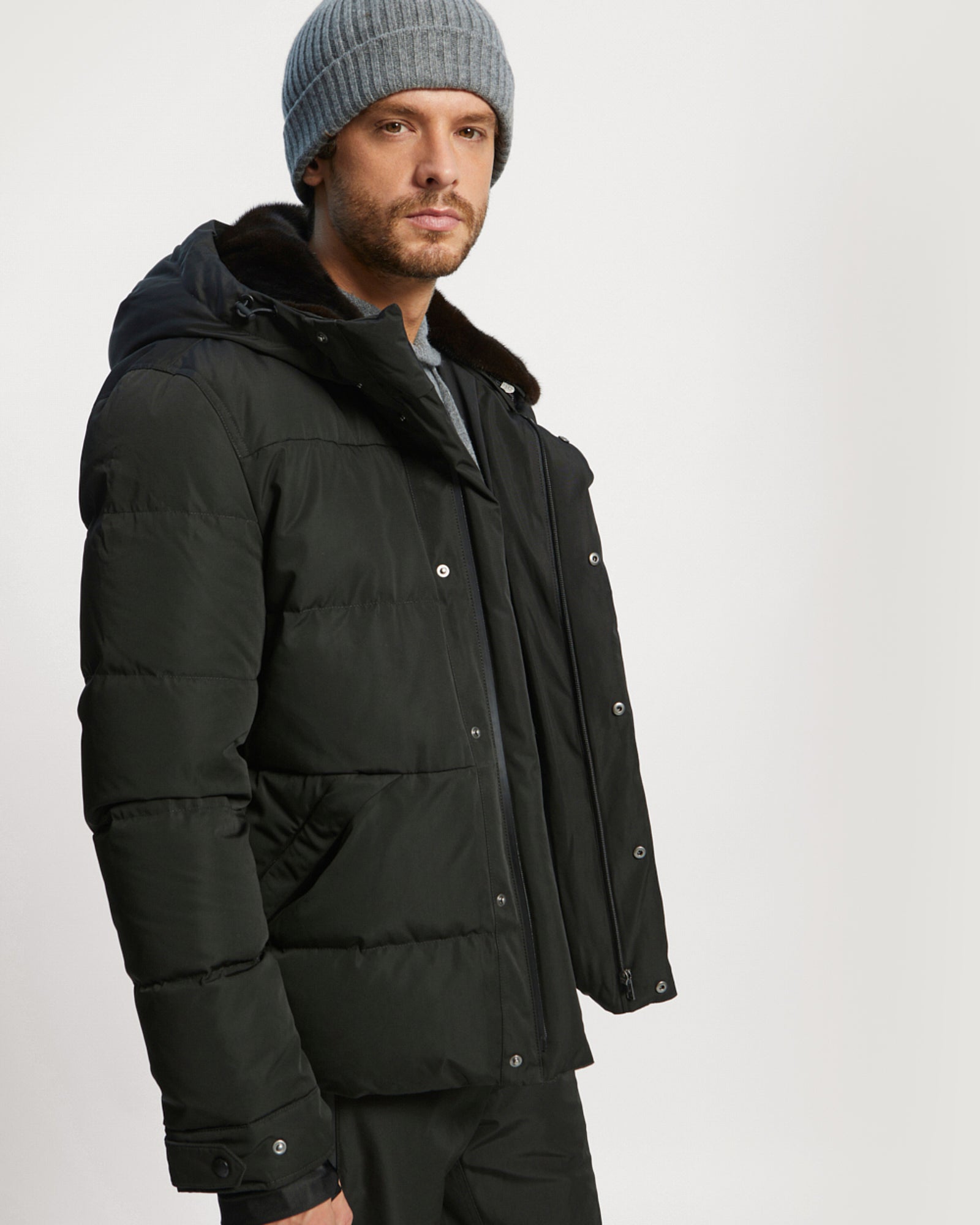 Ski Down Jacket With Mink Fur Trim - Black - YS Mountain Men