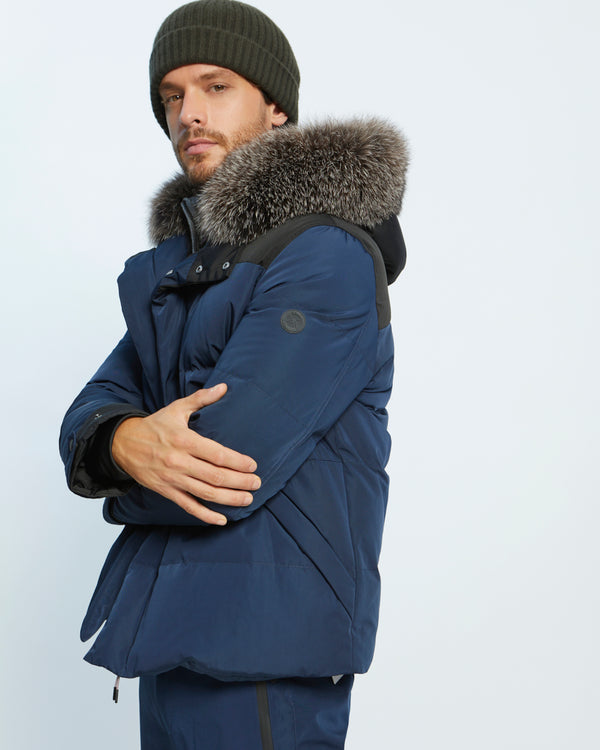 Colour-Block Skiwear Down Jacket With Fox Fur Trim - blue - Yves Salomon