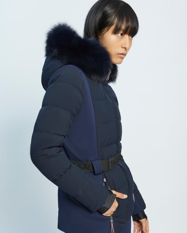 mixed fabric belted skiwear jacket with fox fur trim - blue - Yves Salomon