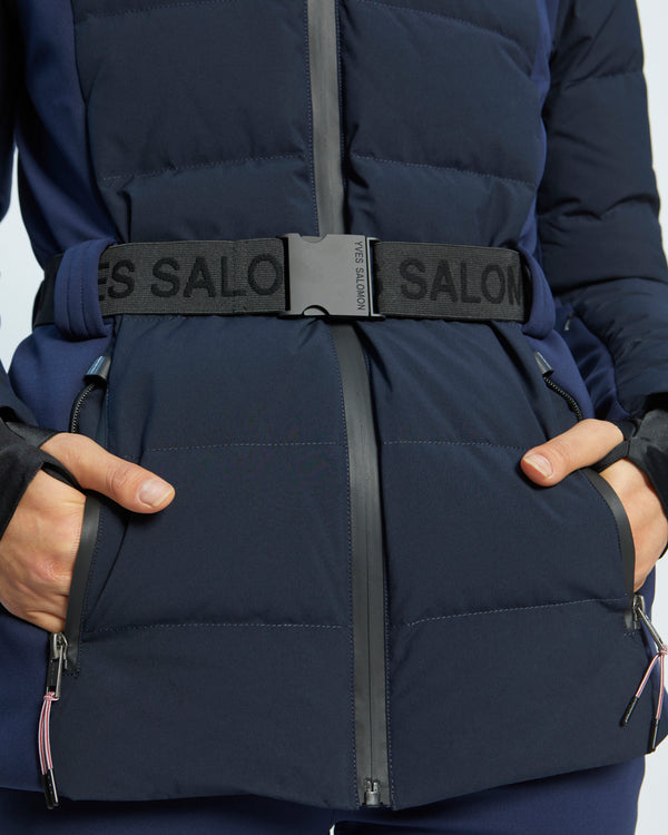 mixed fabric belted skiwear jacket with fox fur trim - blue - Yves Salomon