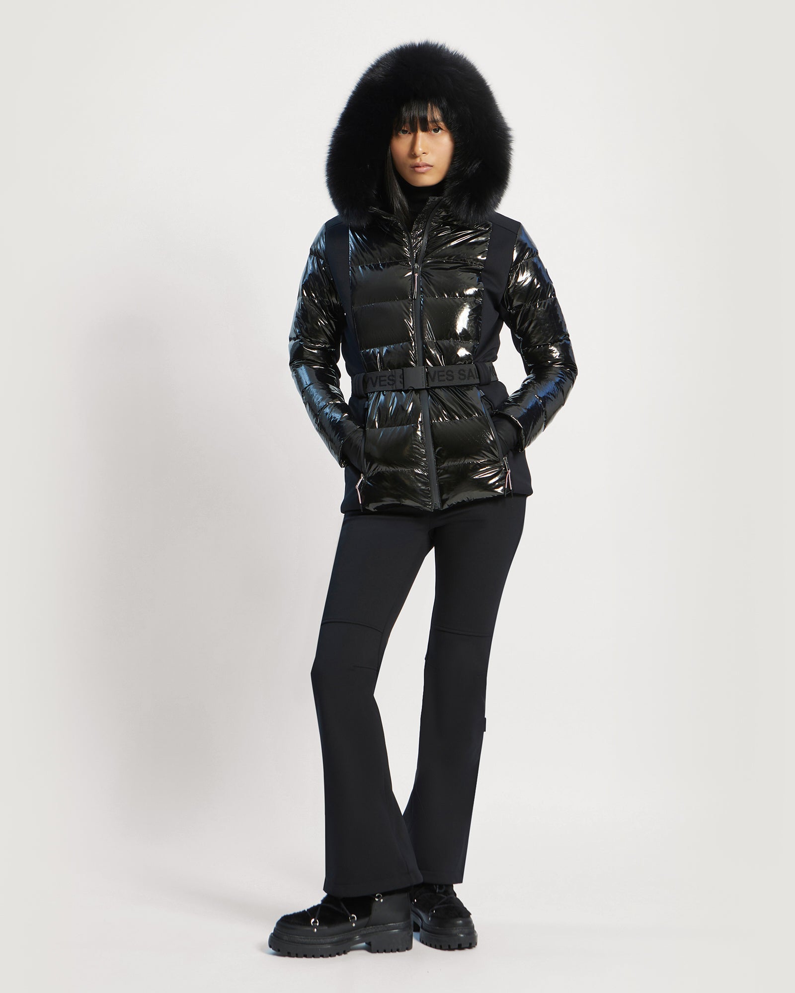 送料関税込★YVES SALOMON★トリミングスキージャケット Down jacket in nylon and lamb - khaki green - Yves Salomon