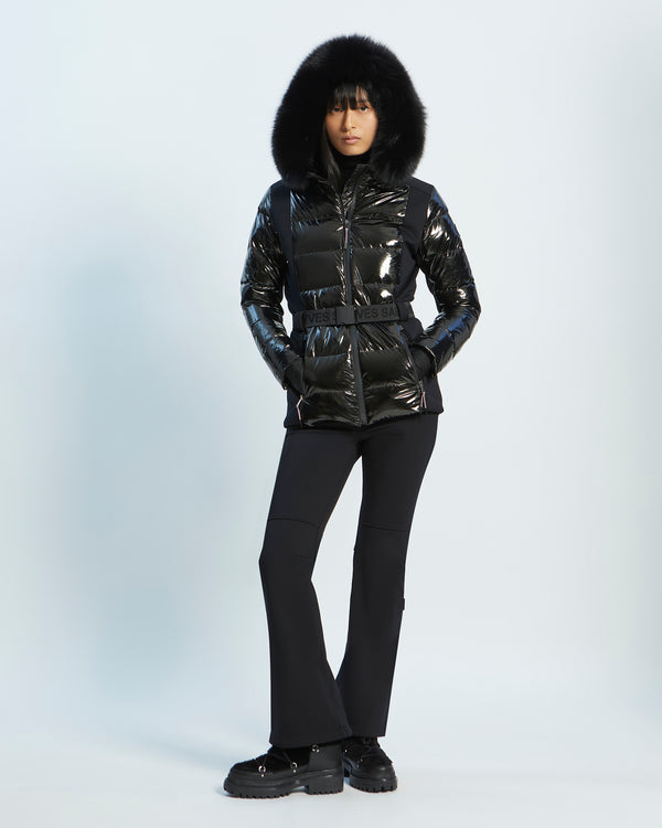 mixed fabric belted skiwear jacket with fox fur trim - black - Yves Salomon