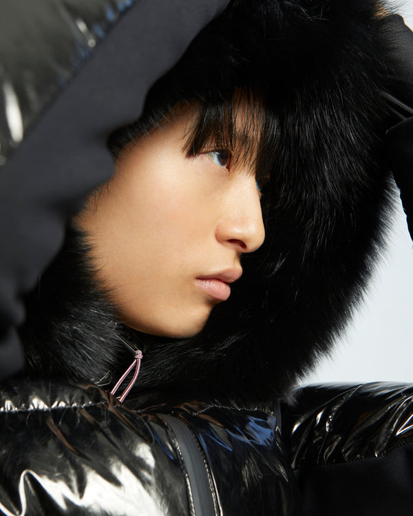mixed fabric belted skiwear jacket with fox fur trim - black - Yves Salomon