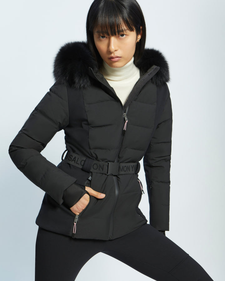 mixed fabric belted skiwear jacket with fox fur trim - black - Yves Salomon
