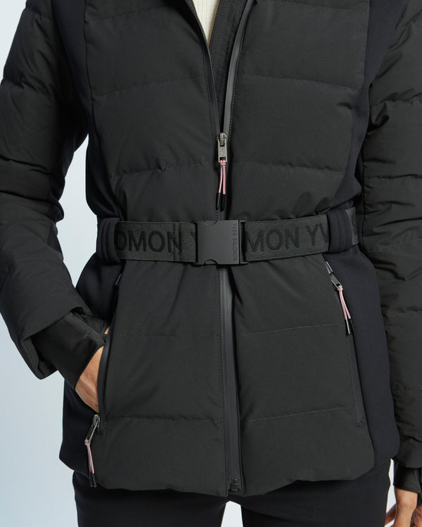 mixed fabric belted skiwear jacket with fox fur trim - black - Yves Salomon