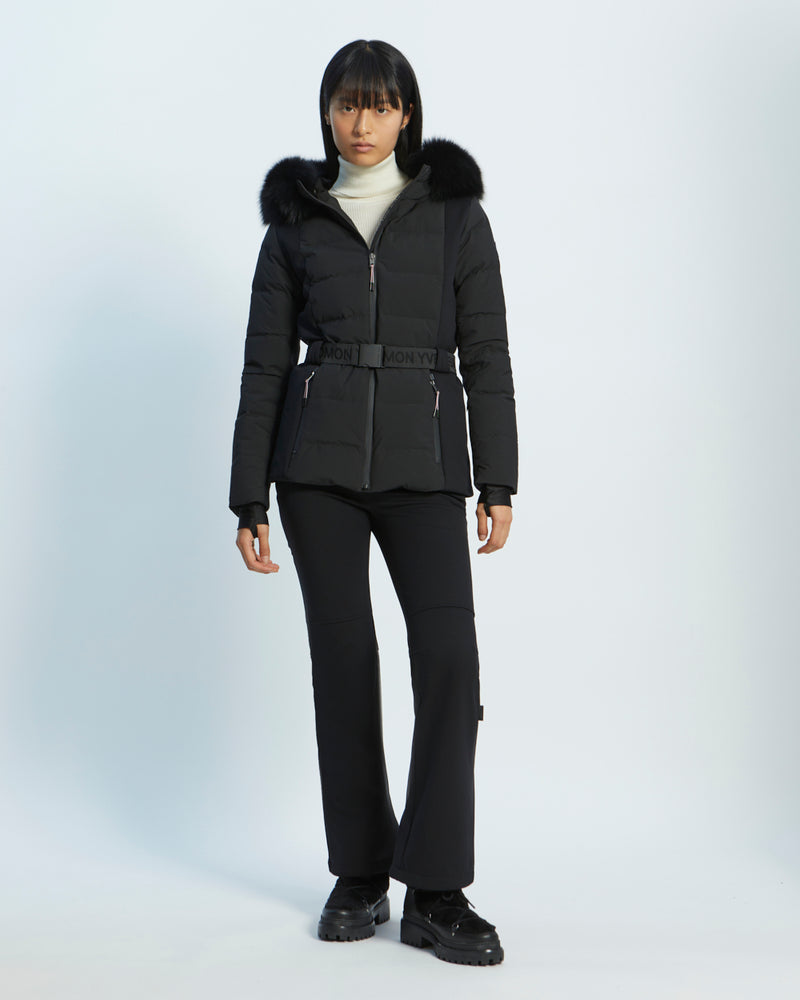 mixed fabric belted skiwear jacket with fox fur trim - black - Yves Salomon