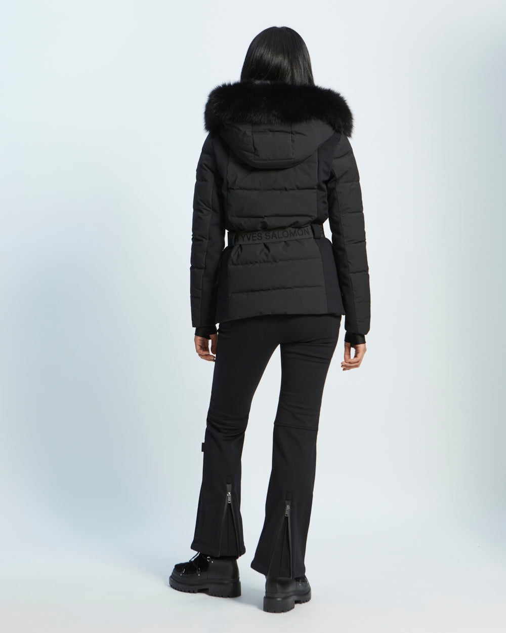 mixed fabric belted skiwear jacket with fox fur trim - black