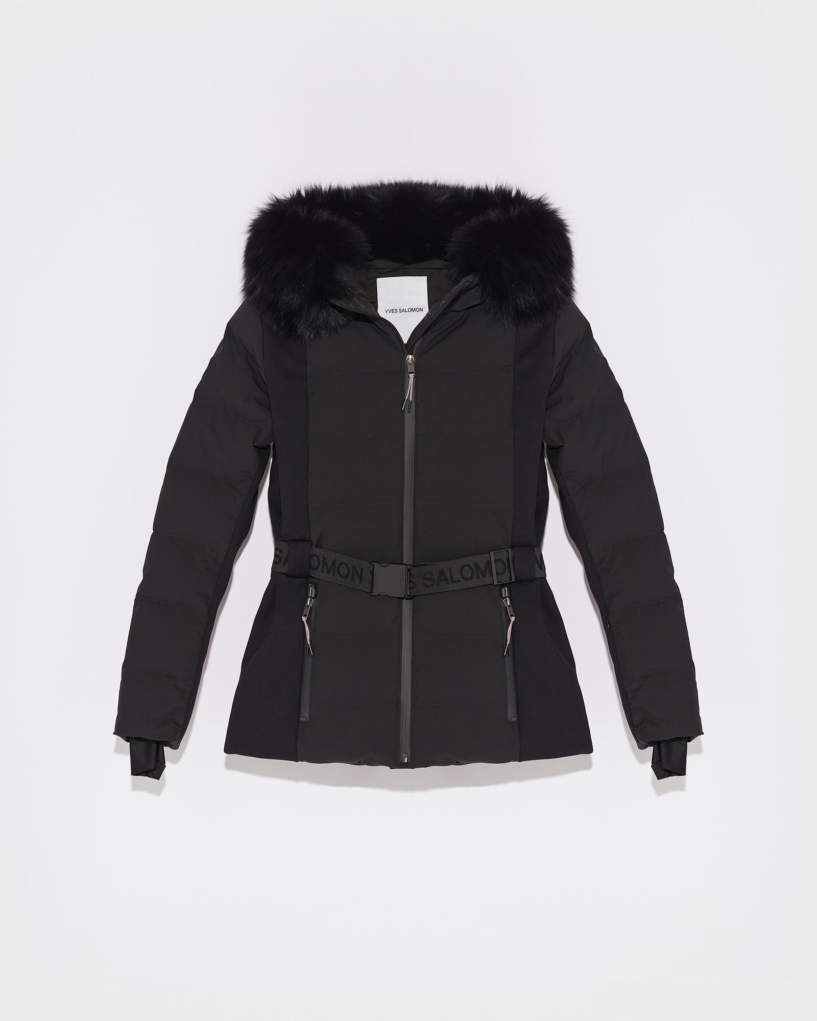 mixed fabric belted skiwear jacket with fox fur trim - black