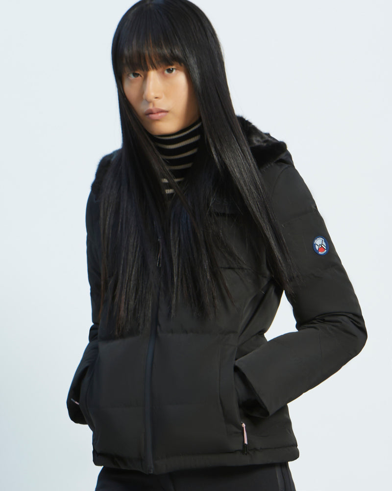 mixed fabric fitted skiwear jacket with mink fur trim - black - Yves Salomon