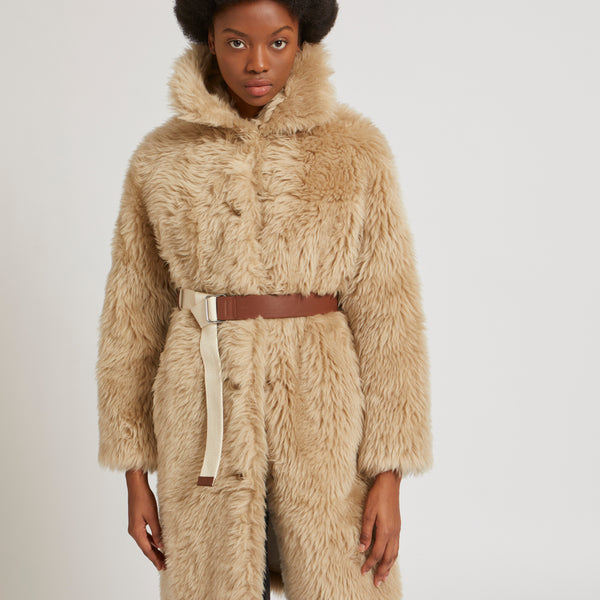 Long coat in natural long-haired woven wool - beige - Yves Salomon