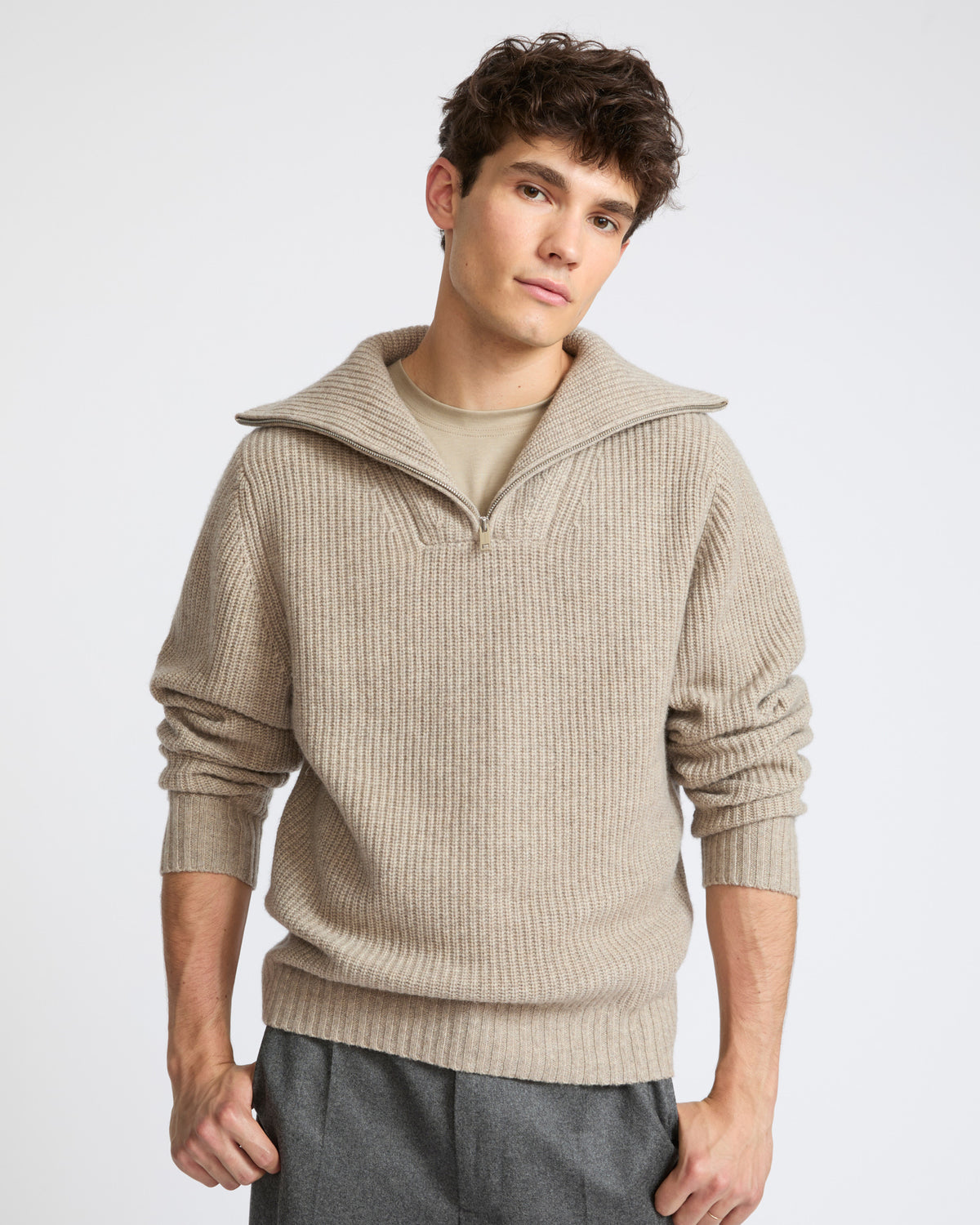 Zip-front cashmere wool trucker collar sweater