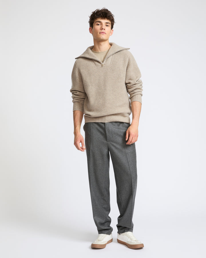 Zip-front cashmere wool trucker collar sweater
