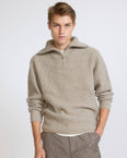 Zip-front cashmere wool trucker collar sweater