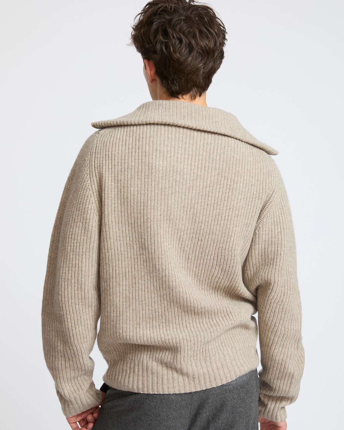 Zip-front cashmere wool trucker collar sweater