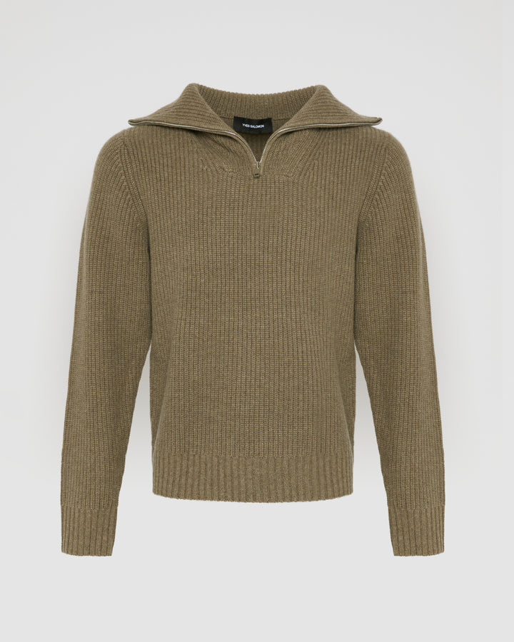 Zip-front cashmere wool sweater trucker collar