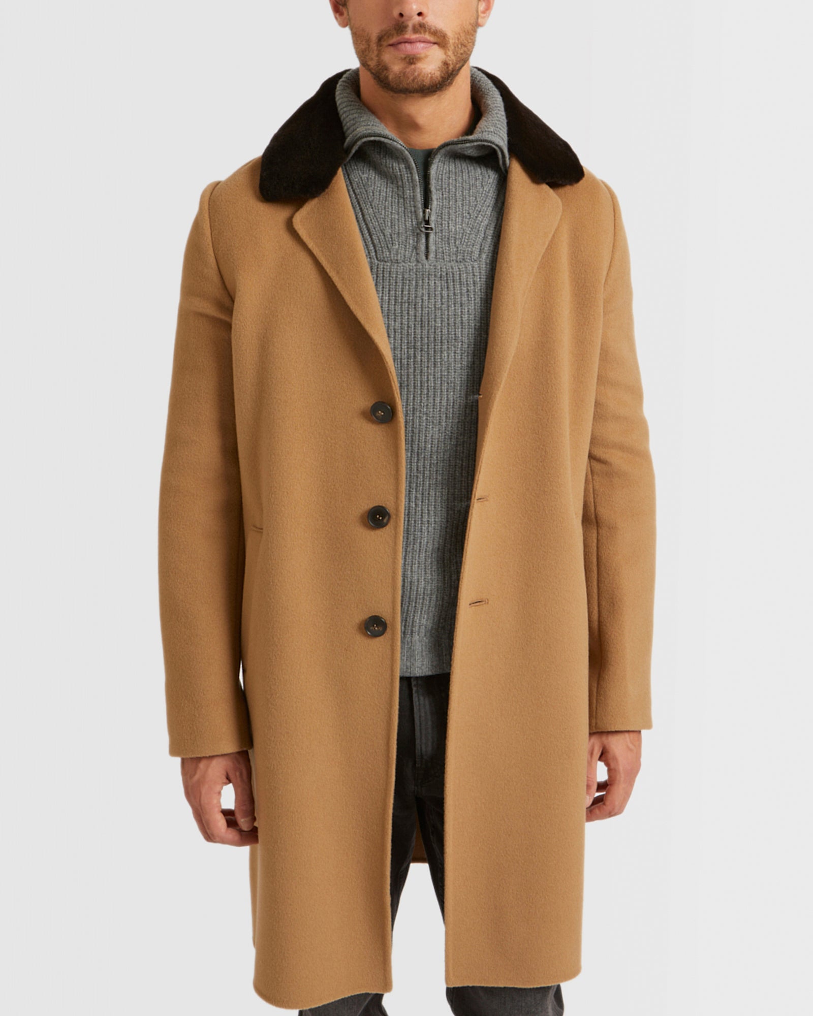 Wool-Cashmere Coat With Mink Collar - camel - Yves Salomon