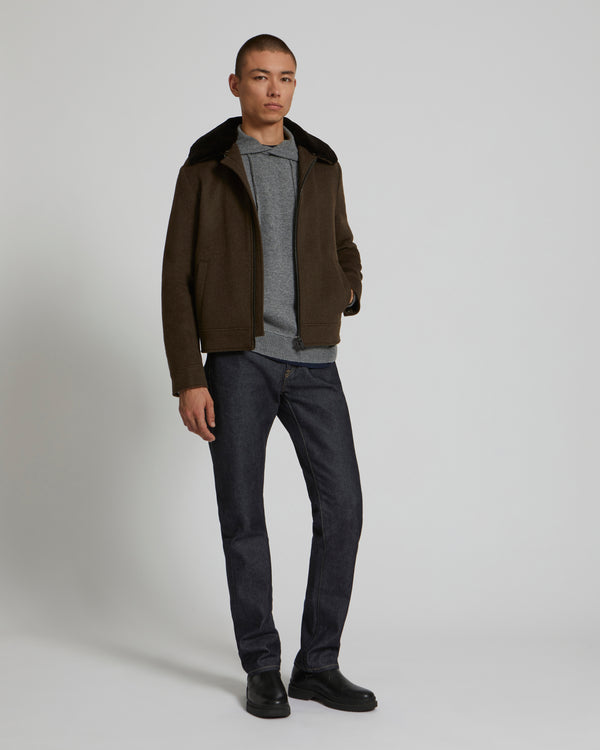 Double-Sided Wool-Cashmere Fabric Zipped Jacket With Mink Collar - khaki - Yves Salomon