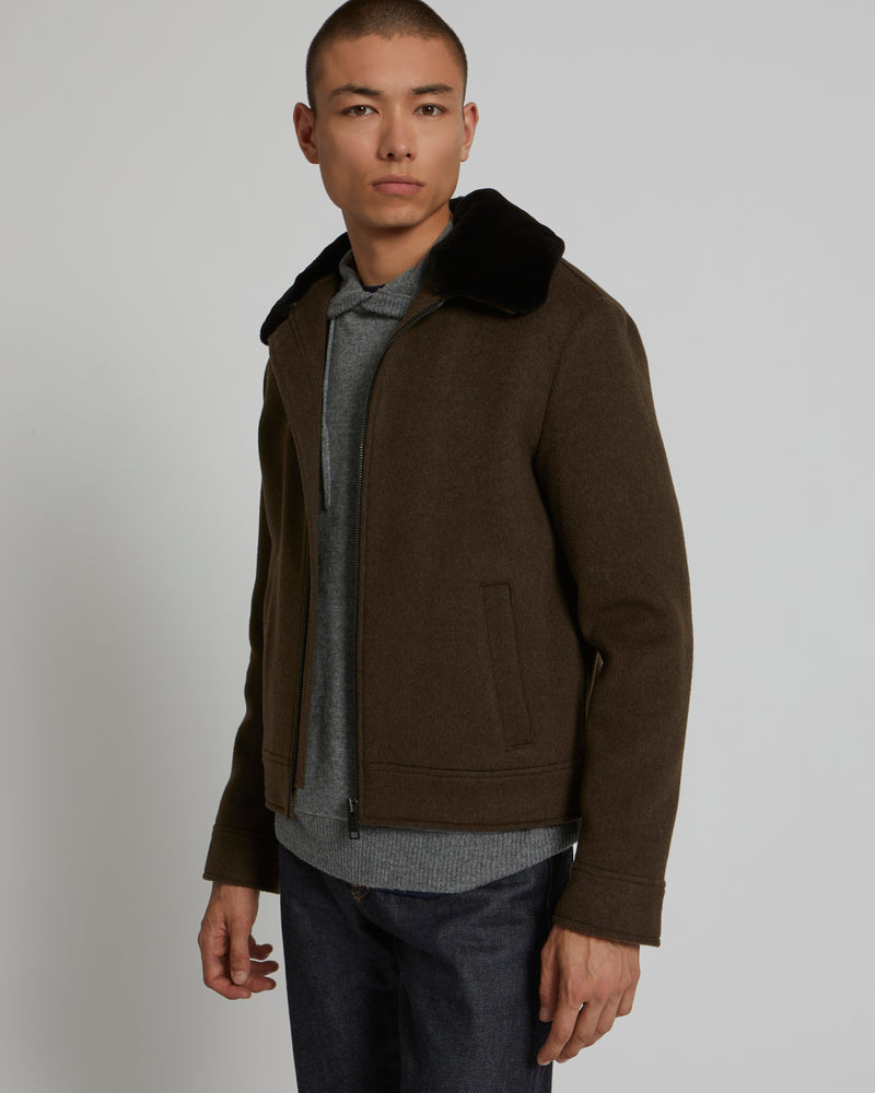 Double-Sided Wool-Cashmere Fabric Zipped Jacket With Mink Collar - khaki - Yves Salomon