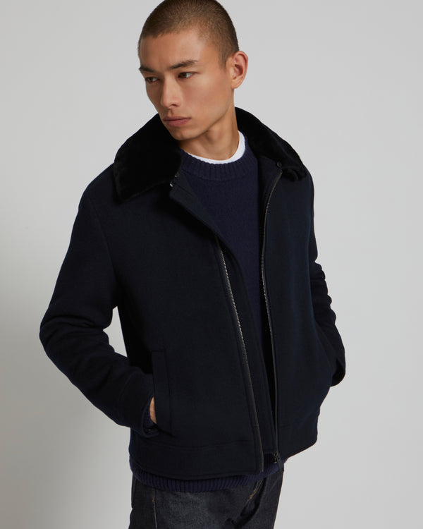 Double-Sided Wool-Cashmere Fabric Zipped Jacket With Mink Collar - navy - Yves Salomon