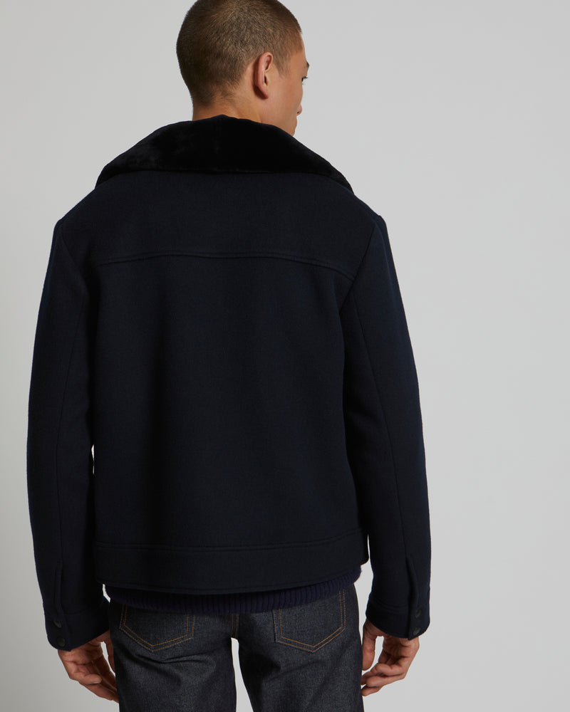 Double-Sided Wool-Cashmere Fabric Zipped Jacket With Mink Collar - navy - Yves Salomon