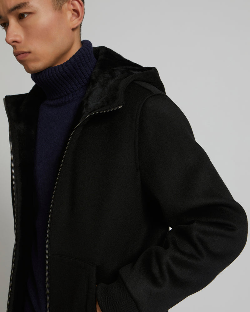 Double-Sided Wool-Cashmere Fabric Hoodie With Shearling Lining - black - Yves Salomon