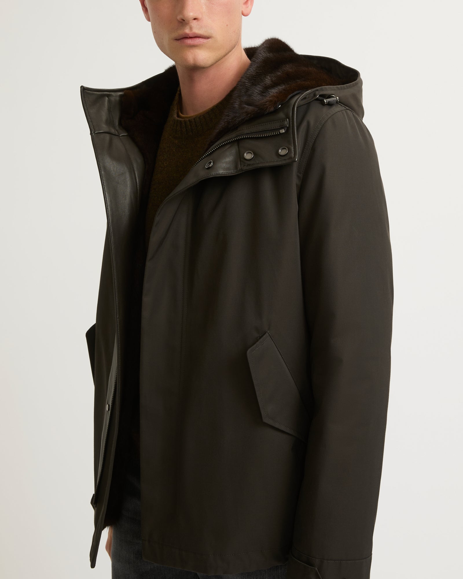 Fitted Parka In Gabardine & Mink - brown - Yves Salomon Men – Yves