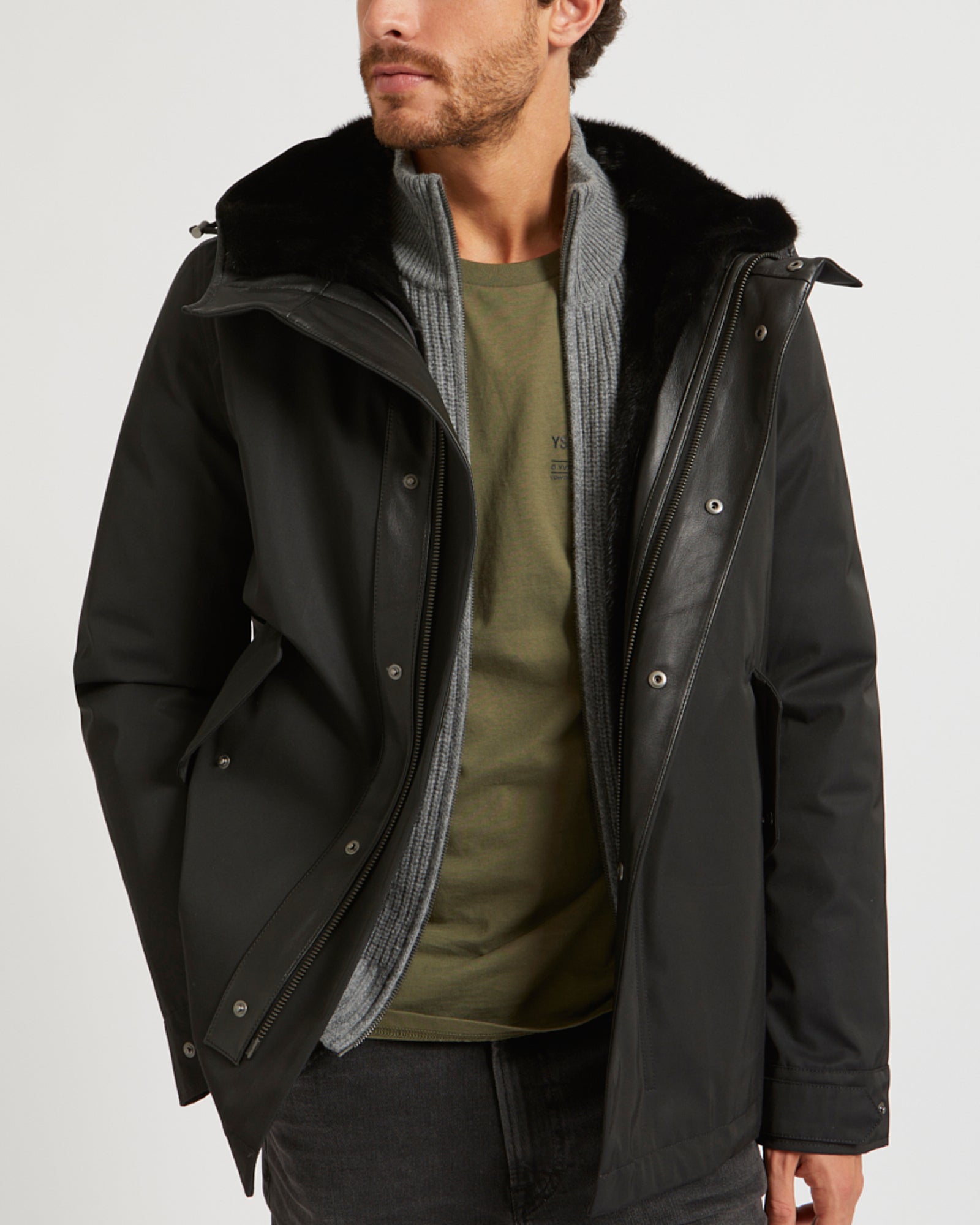 Fitted Parka In Gabardine & Mink - black - Yves Salomon Men – Yves
