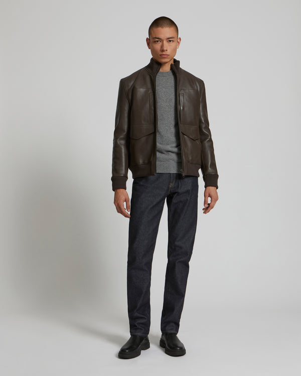 Leather Blouson With Knit Collar - brown - Yves Salomon