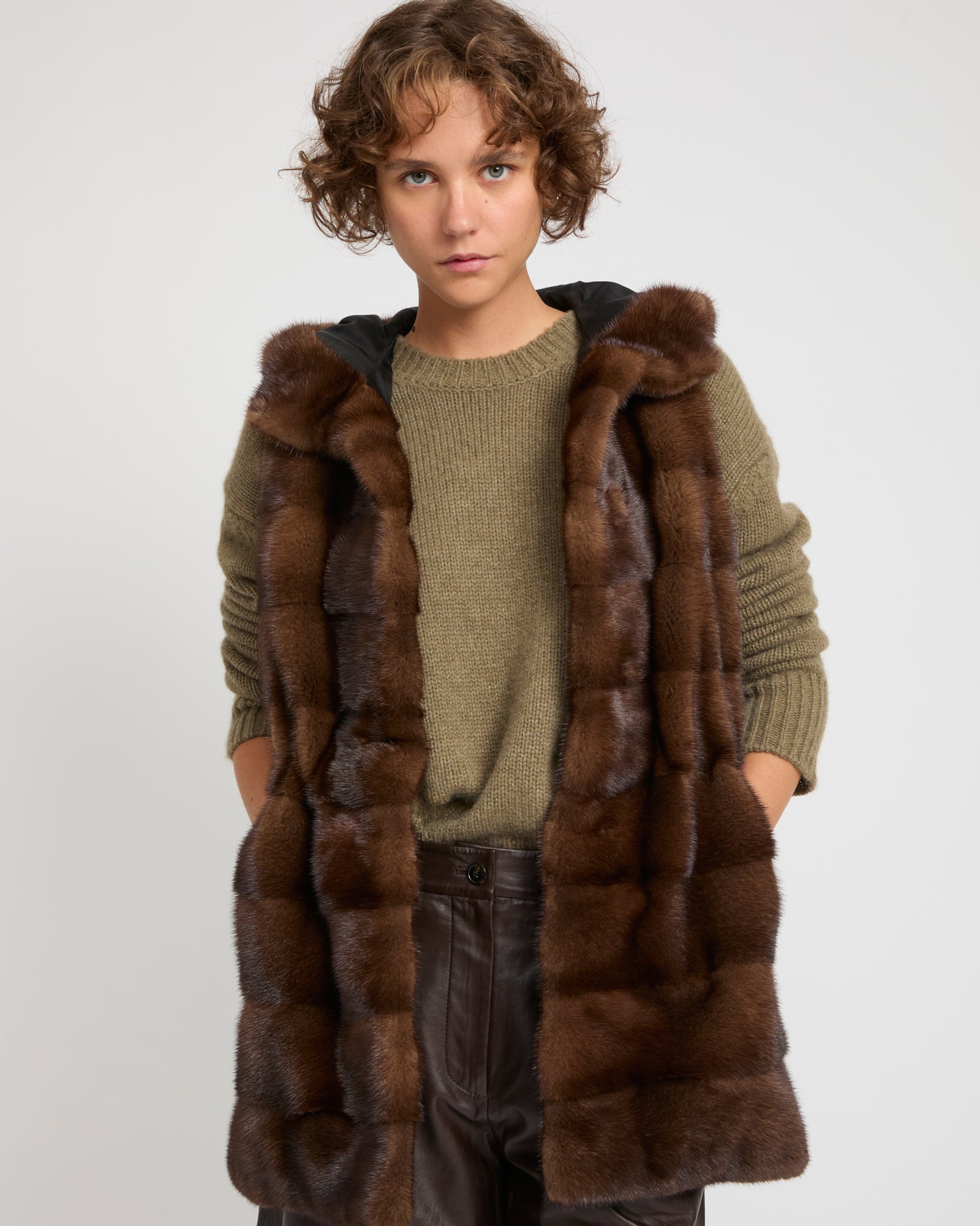 Hooded gilet in long-haired mink fur - brown - Yves Salomon – Yves