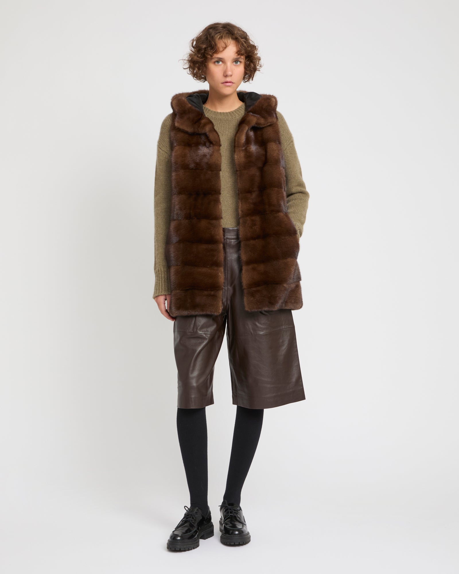 Hooded gilet in long-haired mink fur - brown - Yves Salomon – Yves