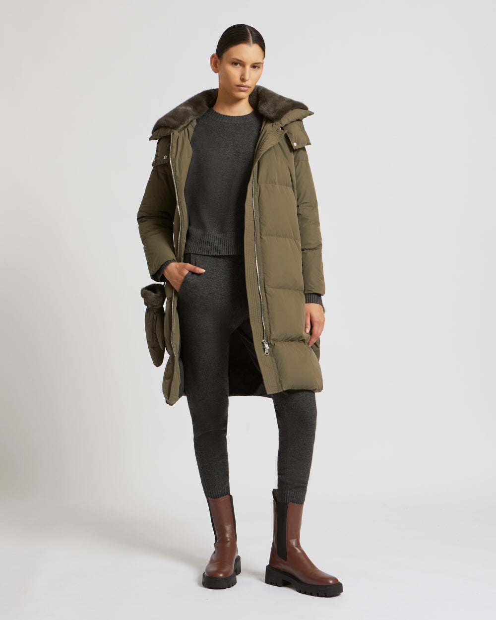 Long down jacket in waterproof technical fabric with mink fur collar - khaki - Yves Salomon