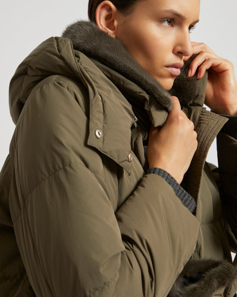 Long down jacket in waterproof technical fabric with mink fur collar - khaki - Yves Salomon
