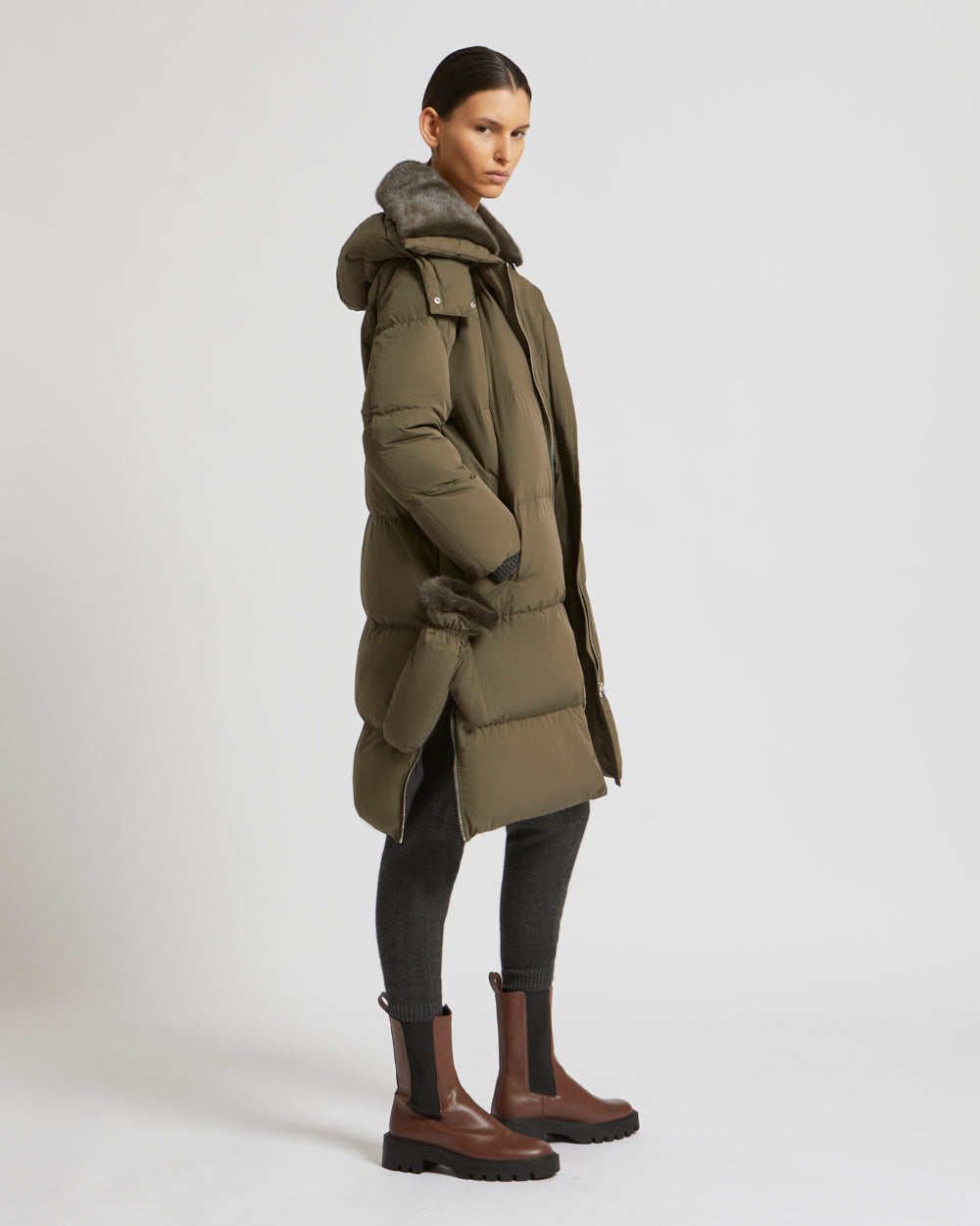 Long down jacket in waterproof technical fabric with mink fur collar - khaki - Yves Salomon