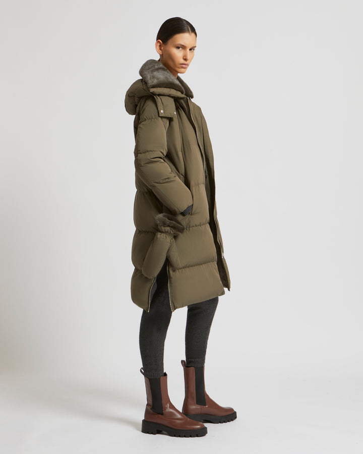 Long down jacket in waterproof technical fabric with mink fur collar - khaki - Yves Salomon