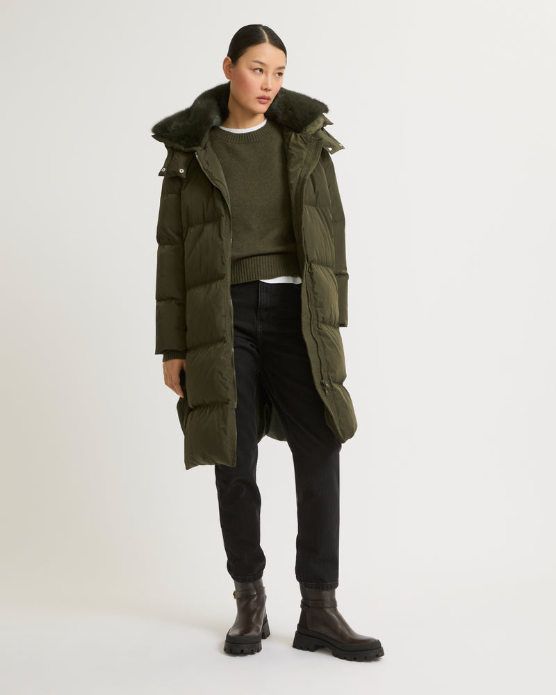 Long belted down jacket in technical fabric - khaki - Yves Salomon