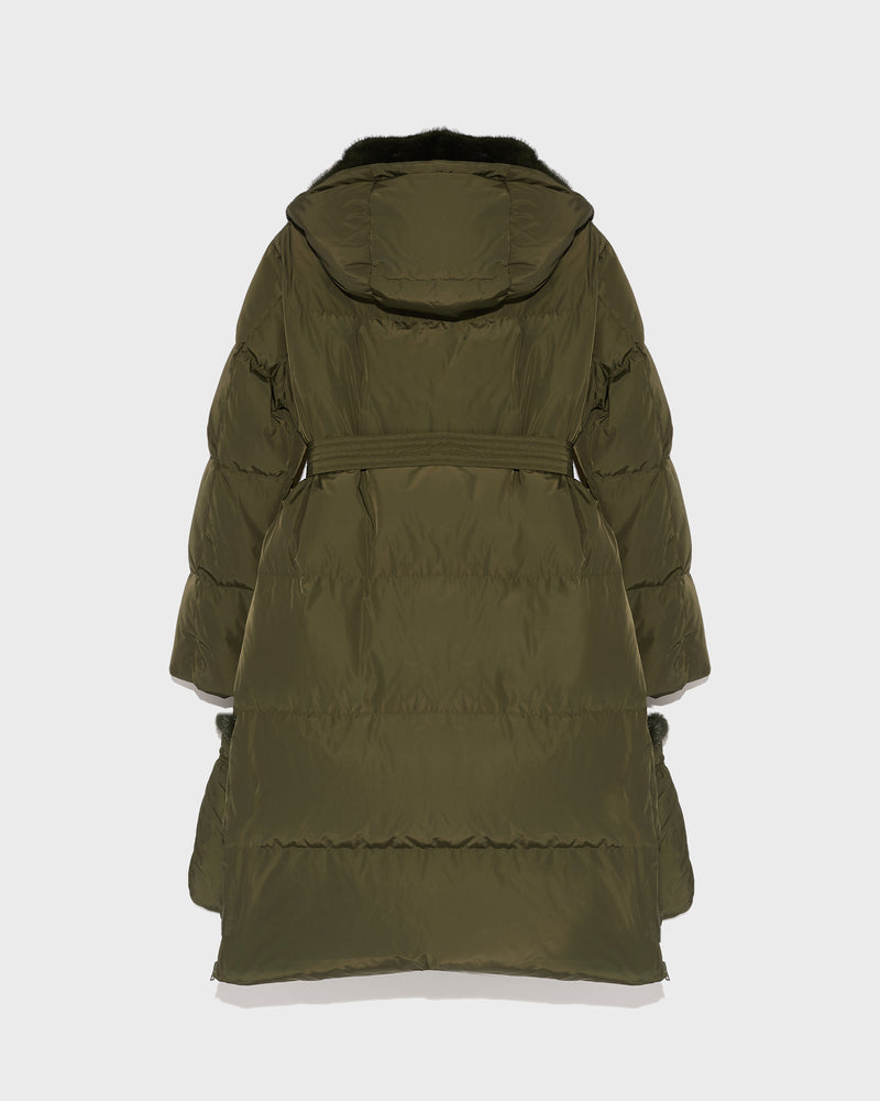 Long belted down jacket in technical fabric - khaki - Yves Salomon