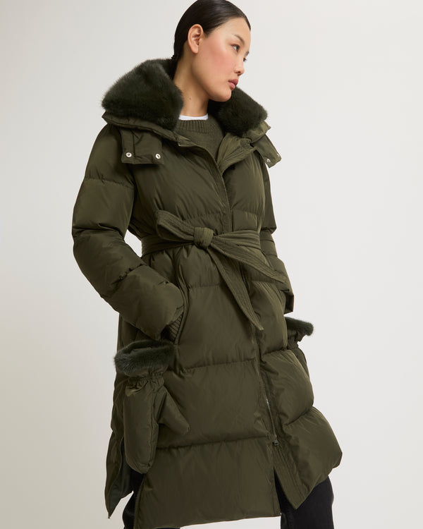 Long belted down jacket in technical fabric - khaki - Yves Salomon