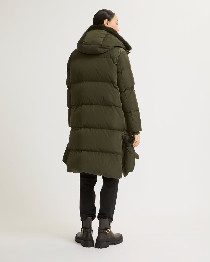 Long belted down jacket in technical fabric - khaki - Yves Salomon