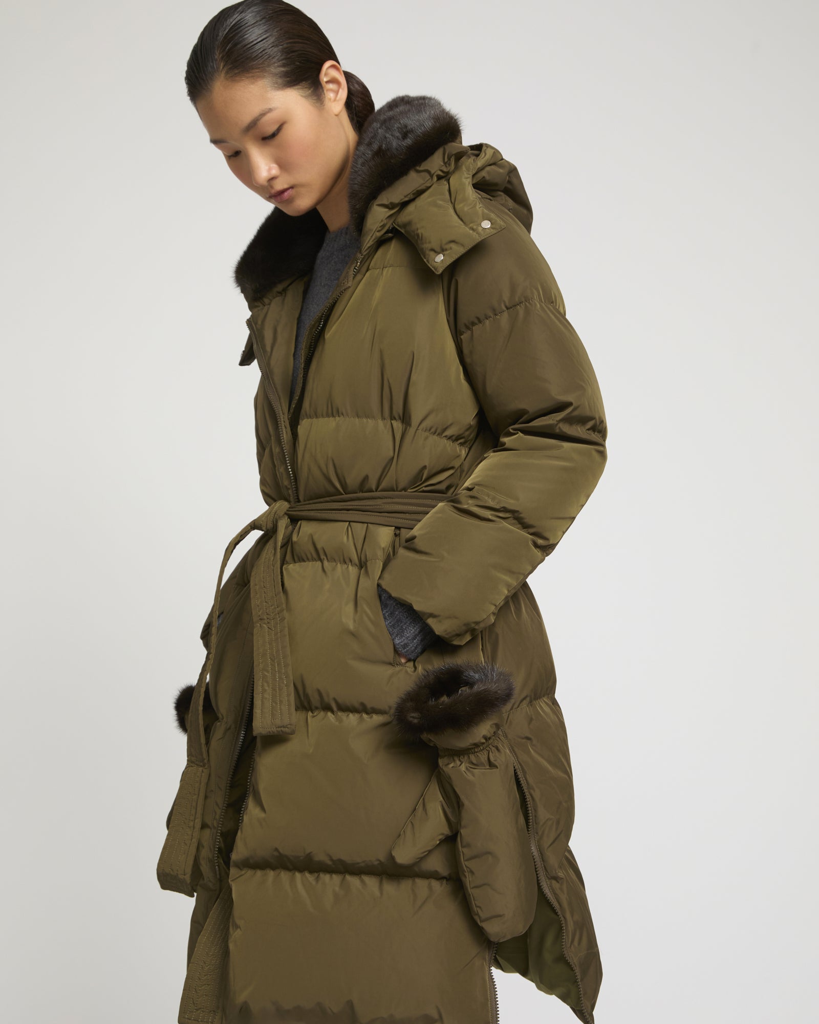 Long belted down jacket in technical fabric - khaki - Yves Salomon