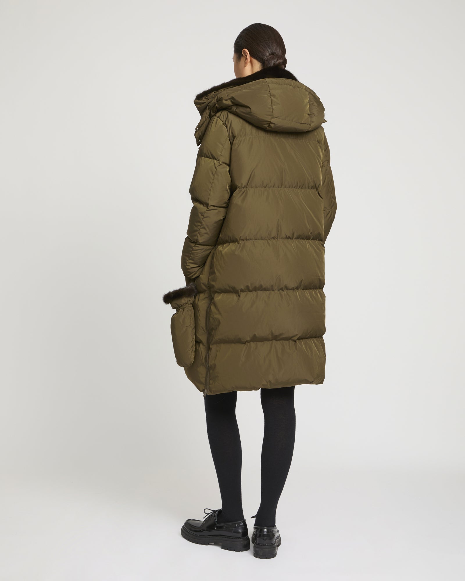 Long belted down jacket in technical fabric - khaki - Yves Salomon