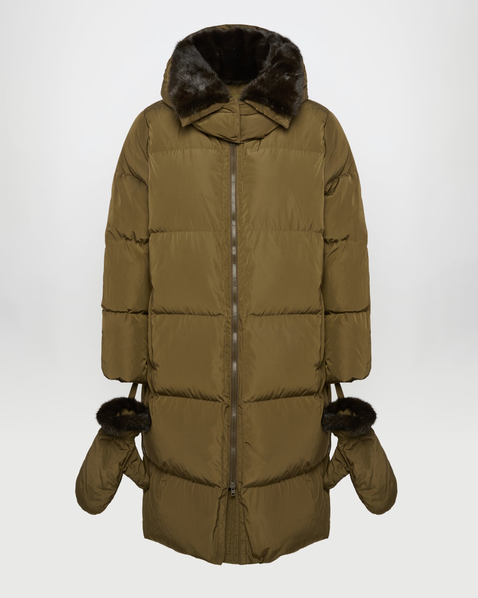Long belted down jacket in technical fabric - khaki - Yves Salomon