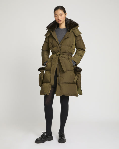 Long belted down jacket in technical fabric - khaki - Yves Salomon
