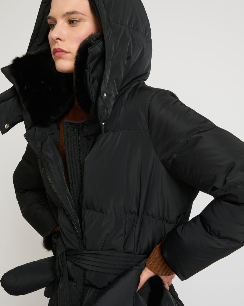 Long belted down jacket in technical fabric - black - Yves Salomon