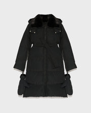 Long belted down jacket in technical fabric