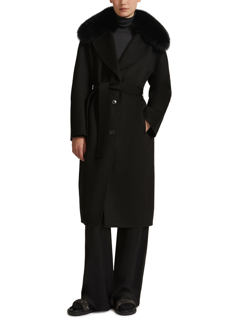 Belted coat in cashmere wool with fox fur collar