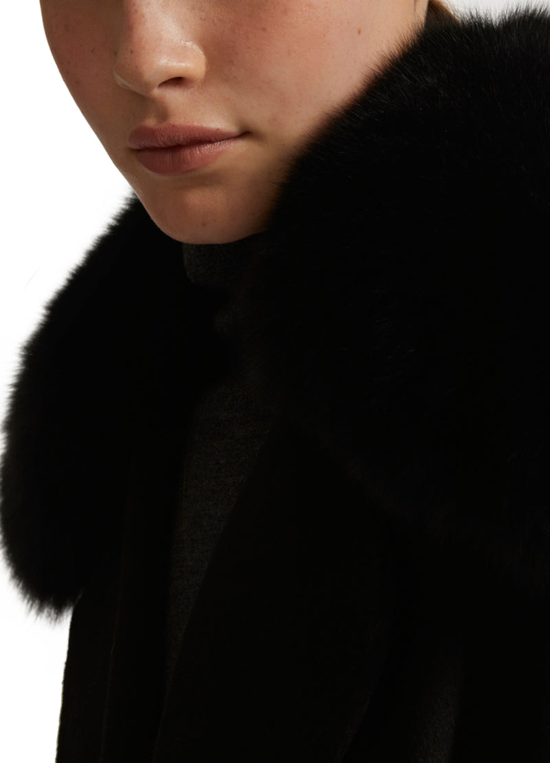 Belted coat in cashmere wool with fox fur collar