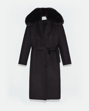 Belted coat in cashmere wool with fox fur collar